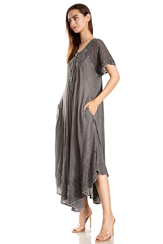Image of Sakkas Egan Long Embroidered Caftan Dress /Cover Up with Embroidered Cap Sleeves