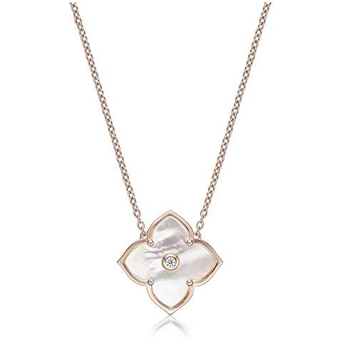 Lavari Jewelers Mother of Pearl and Cubic Zirconia Flower Pendant Necklace for Women in 925 Sterling Silver with Rose Gold Plating 16 to 18 Inches Long Chain with Spring Ring Cover