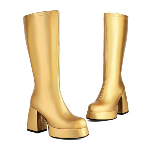 VOMIRA Black Platform Boots for Women White Gogo Boots Round Toe Chunky High Heels Knee High Boots with Zipper Tall Boots2