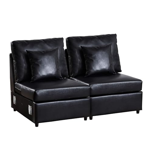 Image of RARZOE Modular Sectional Couch Armless Seats Module, Faux Leather Sofa 2 Armless Chairs Middle Module Seats, Modular Sectional Sofa Module for Living Room Home Theater,Black