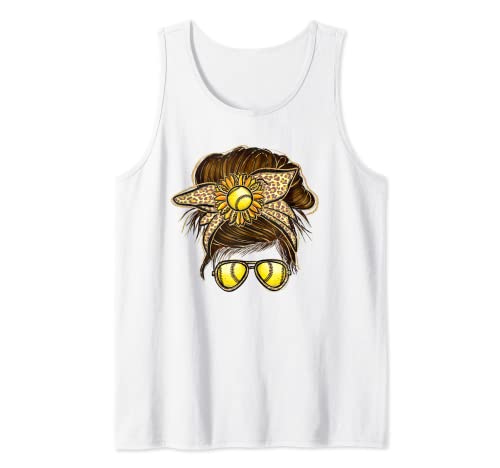 Mom Softball Messy Bun Shirt Mujeres Leopard Sport Funny Camiseta sin Mangas