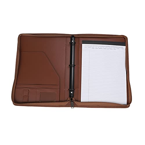 Freeprint Zippered Portfolio 3 Ring Binder Organizer with Writing Pad Legal Size Letter - PU Leather Padfolio Document Organizer for Interview Business,Brown