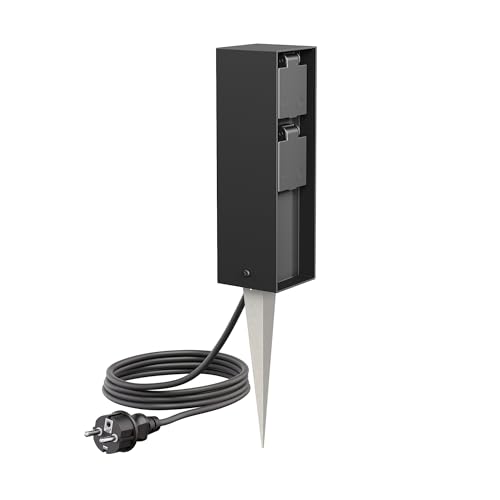 ledscom.de Colonne de Prises de Jardin POKU avec Piquet de Terre et 2m de câble pour l'extérieur, IP44, 2X, Noir, rectangulaire, 23cm