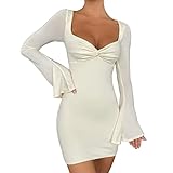 GEMEIQ Women's Long Sleeve Bodycon Mini Dress Sexy Y2k Dress Square Neck Ruched Bell Sleeve Cocktail