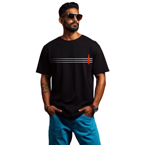 Image of prabhu bhakti Men's Oversized Mahadev Tripund Printed Black T-Shirt | Drop Shoulder Pure Cotton Oversized Tshirt for Men