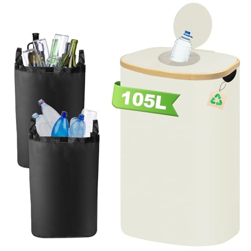 TFCIOD 105L Collecteur de Bouteilles avec Couvercle, Poubelle Tri Selectif Consignées pour Plastique, Bouteilles Verre avec 2 Sacs de Transport, Poubelle Recyclage avec Poches Latérales (Beige)