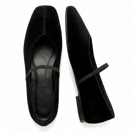 CEFISOP Ballet Flats for Women Square Toe Mary Jane Flat Comfort Slip On Work Ballerina Shoes with Elastic Strap Suede Black Size 6
