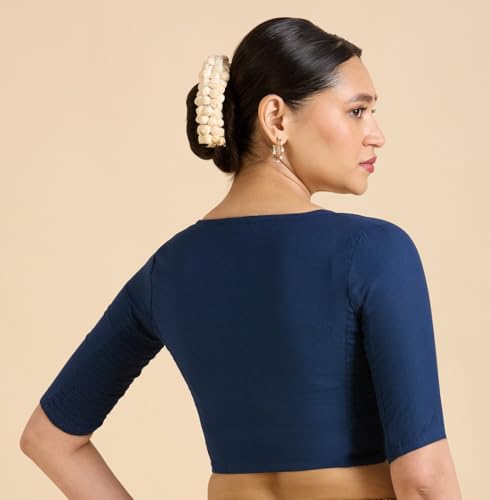 Image of Studio Shringaar Women's Thick Handloom Cotton Plain Side Stretch (Smocked) Readymade Saree Blouse