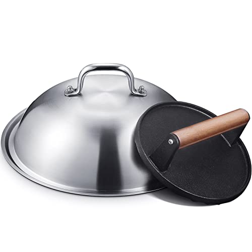 HOMENOTE Griddle Accessories for Blackstone Commercial Grade 12 Inch Heavy Duty Melting Dome with Round Cast Iron Smash Burger Press Perfect for Flat Top Hibachi Grill Outdoor Indoor