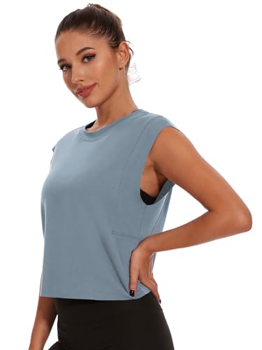 Womens Workout Crop Tank Tops Loose Sleeveless Summer T Shirts Oversize Active Yoga Gym Tee Y2k4