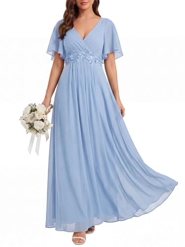 Image of Ever-Pretty Womens V Neck Applique Mother of the Bride Dresses Formal Dress | Chiffon, Short Sleeves, Ruched, A-Line, Bridesmaid Dresses, Formal Gown, Black Tie Dress