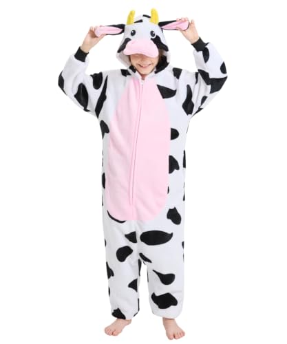 Solvienne Kids Cow Animal Onesie Zip Up Flannel One Piece Pajamas with Pockets for Boys and Girls Halloween Costume Cosplay Loungewear