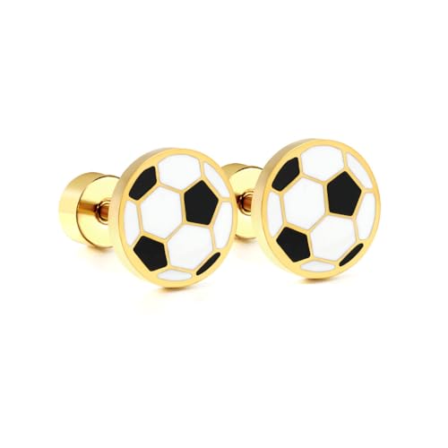 20g Soccer Gold Plated Flat Screw Back Small Stud Earrings for Men Women Minimalist Cute Surgical Steel Black White Enamel Sports Fan Lover Cartilage Piercing Sleeper Tiny Studs Hypoallergenic Gift for Bff Christmas