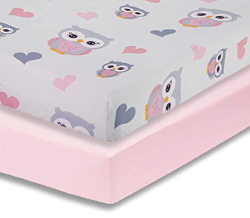 Image of Everyday Kids 2 Pack Fitted Girls Crib Sheet, 100% Soft Breathable Microfiber Baby Sheet, Fits Standard Size Crib Mattress 28in x 52in, Nursery Sheet - Sweet Owls/Pink