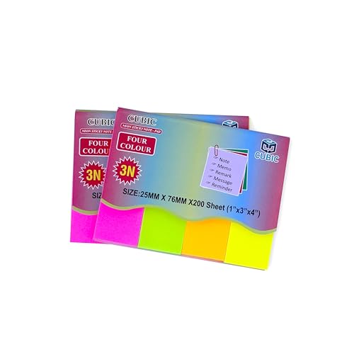 Image of Cubic Neon Sticky Notes - 4 Fluorescent Colours| Pack of 2 | 2.5cm x 7.5cm, 200 Sheets (1 inch x 3 inch) - Eye-Catching Self-Adhesive Page Markers for Notes | Reminders| Bookmarking & Office Use