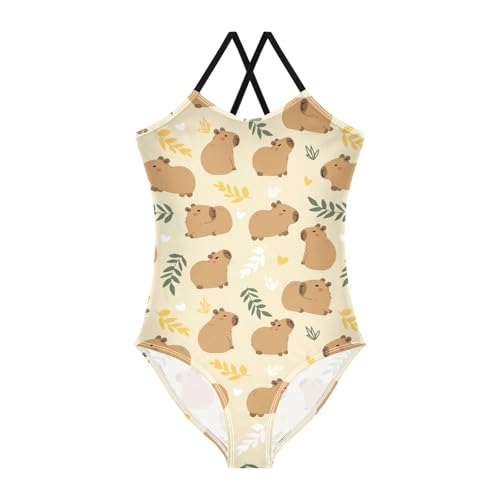 Image of Girls One Piece Swimsuits Cute Capybara Simple Flower Yellow Pattern Cute Swimwear Bathing Suits 3-10T