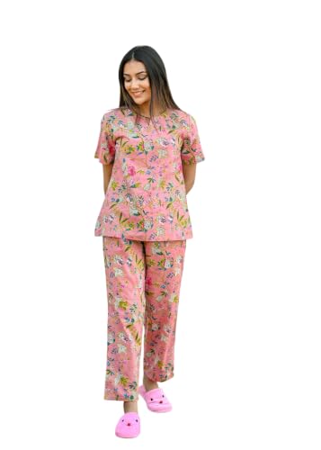 Image of SANSKRUTIHOMES Women's Premium 100% Cotton Printed Co-Ord Set | Short Sleeve Shirt & Pant Set | Pink Checkered Sun & Palm Tree Print | Casual Summer Resortwear, Vacation Wear & Comfortable Loungewear