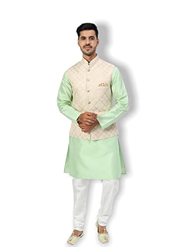 Image of Uri and MacKenzie Men's Silk Blend Regular Kurta Churidar Pyjama with Bundi Nehru Jacket /Waistcoat