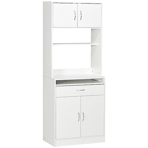 HOMCOM Alacena de Cocina Mueble Aparador Auxiliar con 4 Puertas Bandeja Extraíble Estante Ajustable Cajón y Encimera de Microondas Abierta 70x40x180 cm Blanco
