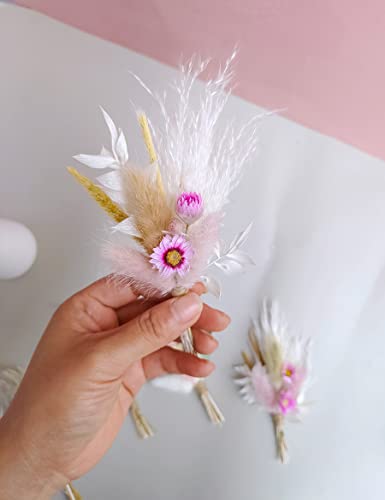 Mini Dried Flower Bouquet Set Of 6, Boho Wedding Decor, Boutonniere For Men, Table Centerpieces, Birthday Cake Flowers,Personalized Bridesmaid Gift Box, Small Bottles Decoration.(White) #TOP4