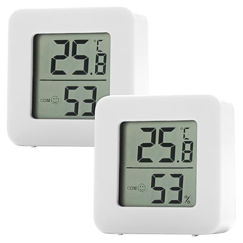 LCD Digital Hygrometer Thermometer, 2 Pcs Mini Digital Wall Mounted Room Temperature Monitor with Smiley Self-adhesive Indoor Temperature Humidity Monitor for Greenhouse Bedroom Baby Warehouse Cigar