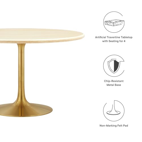 Image of Modway Lippa 48 inch Round Artificial Dining Table with Tapered, Metal Base, Gold Travertine