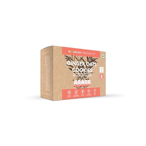 Image of Nourish Organics Ginger Oats Cookies | Wholesome Cookies with Ginger & Oats | Made with Seeds, Almonds & Coconut Jaggery | High Fibre Snack | No Refined Sugar | 120g (Pack of 2)