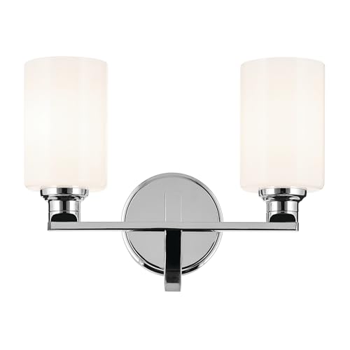 Image of Kichler Gioe 2-Light Bathroom Vanity Light Fixture with Opal Glass, 14.25 inch Modern Chrome Wall Mount Over Mirror for Powder Room, Damp Rated (14.25 inch W x 10.5 inch H), 55225CH