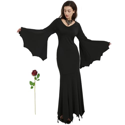 Ulikey Disfraz de Halloween para Mujer Morticia Addams, Vestido Gótico Vintage Negro, Disfraz de Bruja Sexy, Disfraz de Addams Family Wednesday, Vestido de Suelo para Halloween Cosplay Fiesta (XL)