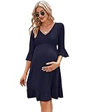 Coolmee Women's Maternity 3/4 Sleeve Boho Dress V Neck Casual Smocked Ruffle Flowy Midi Dress for Baby Shower Photoshoot 3/4 Sleeve Navy Blue M