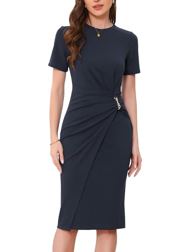 Allegra K Work Dresses for Women Short Sleeve Crew Neck Wrap Business Office Sheath Dress 2025