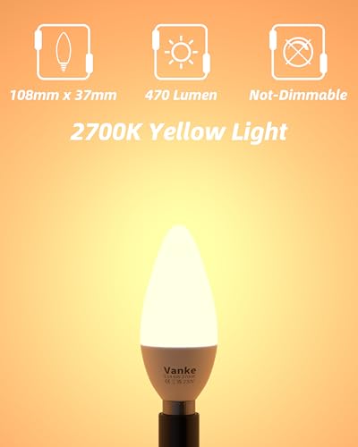 Vanke E14 LED Light Bulb, Warm White 2700K Yellow Light, 6W (40 Watts Equivalent), 470 Lumen LED Candle Bulb, SES Small Edison Screw Light Bulbs, Non-Dimmable, Pack of 3