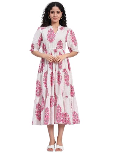 Image of PIDAVLIYA'S Women's Floral Summer Maxi Dress I Cotton Printed I One Piece Bodycon Midi Dress with V-Neck, Puffed Sleeves