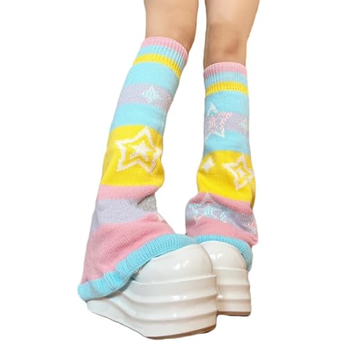 Candy Color Rainbow Reversible Flared Leg Warmers with Sweet Star Pattern for Women Aesthetic Knitted Foot Covers Socks3