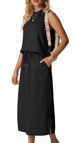 GRECERELLE Two Piece Skirt Sets for Women Summer Outfits with Pockets Lounge Sets Mock Neck Tops Split Maxi Skirt2