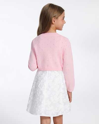 Image of Girls Cardigan, Girls Bolero Shrug Sweater, Kids Knit Hollow Out Long Sleeve, Button Cover Up Cropped Tops