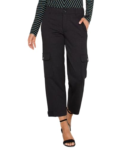 Liverpool Women's Utility Crop with Tab Hem Mid Rise Cosshatch Printed Knit in Black Crosshatch