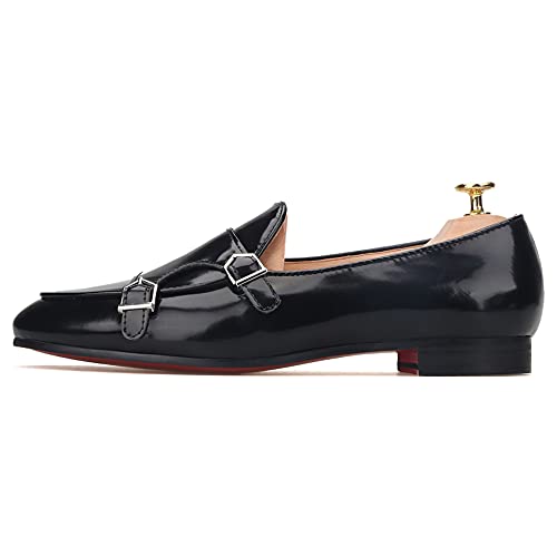 FERUCCI Black Leather Double Monk Loafer Slippers Flat Prom Wedding