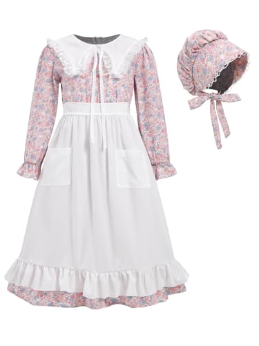 Disfraz colonial floral para niña con delantal y cofia miniatura 1