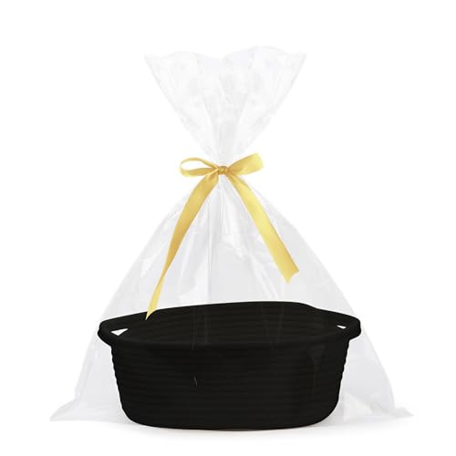 Foonary Cesta de regalo vacía trenzada con bolsillo transparente y cinta, cesta de almacenamiento negra para bodas, cumpleaños, fiestas, Pascua, Acción de Gracias, Halloween y Navidad