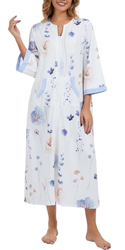 Image of Zipper Robes for Women 3 /4 Sleeve Housecoats Long Lightweight Bathrobe House Dress with Pockets