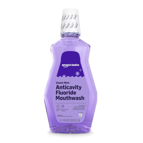 Amazon Basics Anticavity Fluoride Mouthwash Alcohol-Free Violet Mint Flavor Cavity Prevention 1 Liter (33.8 Fluid Ounces) 1-Pack