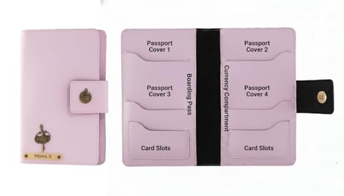 Image of AICA Personalized Name & Charm Leather Family Passport Cover for 4 with (Purple) Passport Wallet Boarding Pass Currency Card Slot & Coin Holder for Men & Women | Family Passport Cover
