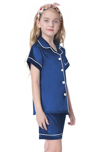 Image of Umeyda Women & Girls Pajamas Set, 2 Piece PJS Satin Silk Sleepwear Button-Down Top with Shorts for Mom Kids Gifts