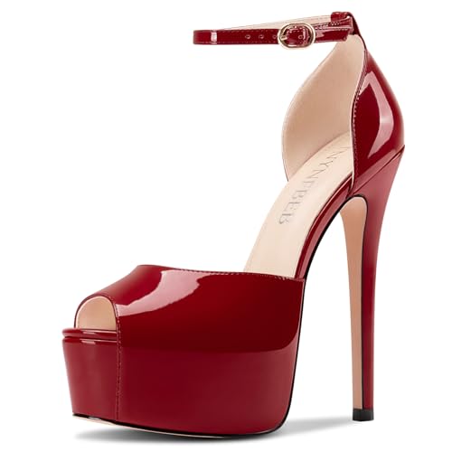 Image of TNYNFBEB Womens Stiletto High Platform Heel Peep Open Toe Sandals Ankle Strap Buckle Prom Party Dress Patent Leather 6.1 Inches Heels