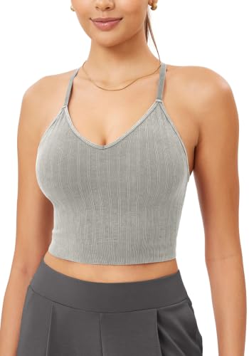 Image of ODODOS Seamless Padded Sports Bra for Women Strappy Longline Wirefree Brami Ribbed Crop Tank Tops