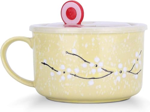 Biigming Große Tasse 800ml Müslischalen mit Deckel und Griff Frühstückstassen Suppenschüssel Nudelschale Kirschblüten unter Schneeflockenmuster für Nudeln Salat Müsli(Gelb)