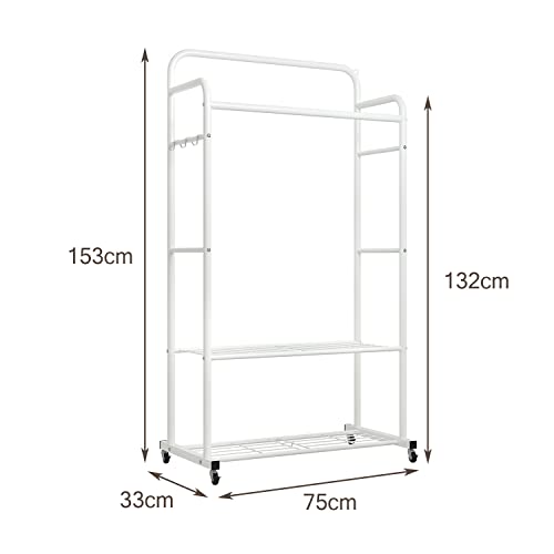 「Regibelie」パイプハンガーラック ハンガーラック 物干しスタンド 洋服ラック 洋服ハンガー ワードローブ ダブル コート掛け 衣類収納 頑丈 大容量 省スペース キャスター付き 組立簡単 (75*33*153cm, ホワイト) [2]