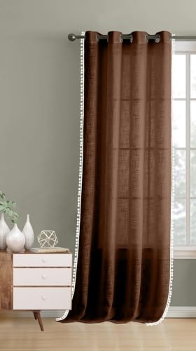 Image of THE LINEN COMPANY Cotton Linen Solid Eyelet Curtain for Window, Brown, Light Filtering Fabric, Elegant Home Decor Curtain Panel, 4 Feet