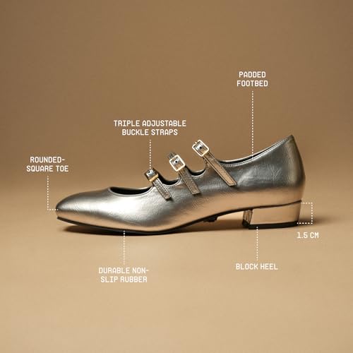 Image of Theater Kelly Jr Women Mary Jane Flats | Triple Buckle Strap Square Toe Shoes | Comfortable & Stylish for Formal and Casual Fashion